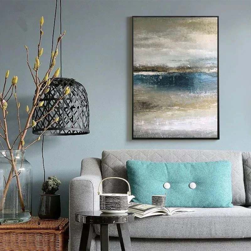 Blue Handmade Leaf Contemporary Abstract Canvas Artwork NLB6A